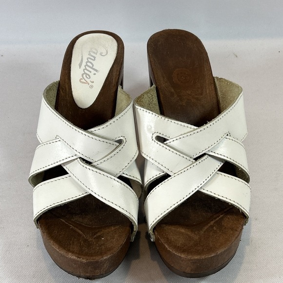 Vintage Candies Chunky Heel Wood Sandal Women's 9 White Leather Straps Studs Y2K - Picture 5 of 13